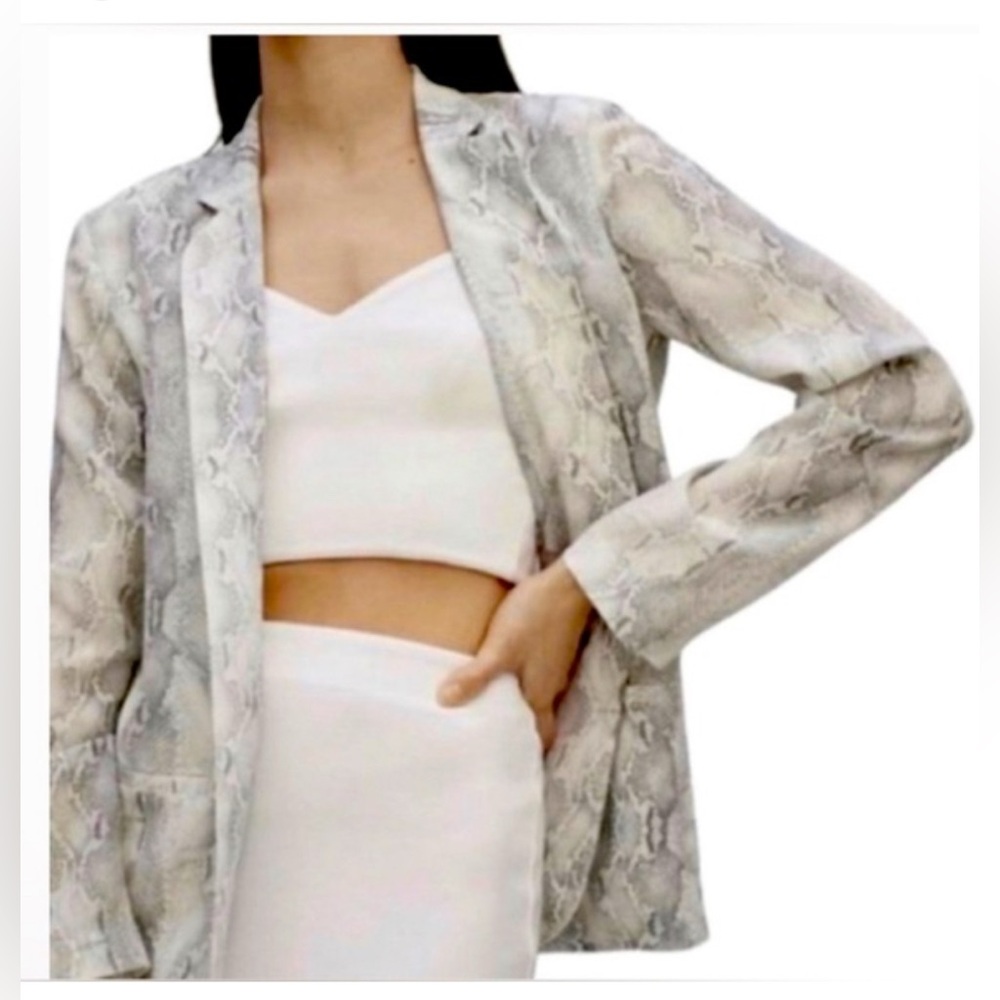 Aritzia Babaton Grayson Light Grey Silk Blazer in Python Print